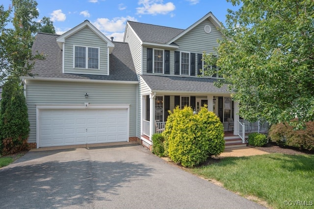 14825 Windjammer Dr, Midlothian, VA 23112 - traditional home with a porch, a garage, a shingled roof, and asphalt driveway