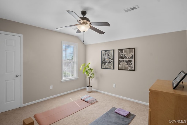 14825 Windjammer Dr, Midlothian, VA 23112 - exercise area with a ceiling fan, light carpet, and lofted ceiling