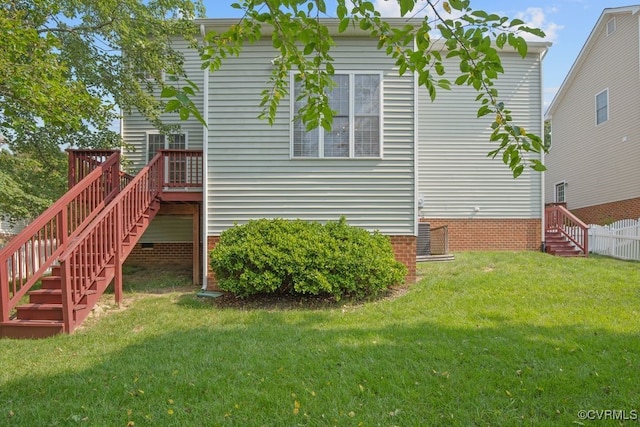 14825 Windjammer Dr, Midlothian, VA 23112 - back of property with stairway, crawl space, and a wooden deck