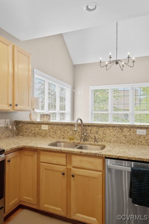 14825 Windjammer Dr, Midlothian, VA 23112 - kitchen featuring stainless steel appliances, lofted ceiling, light brown cabinets, light stone countertops, and a chandelier