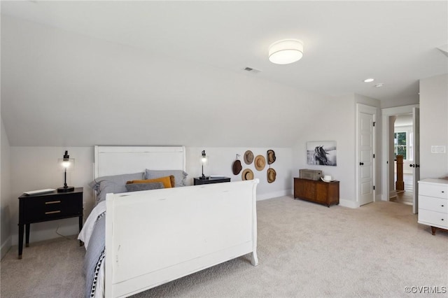 9463 Angels Share Dr, New Kent, VA 23124 - bedroom with light carpet, lofted ceiling, baseboards, and recessed lighting