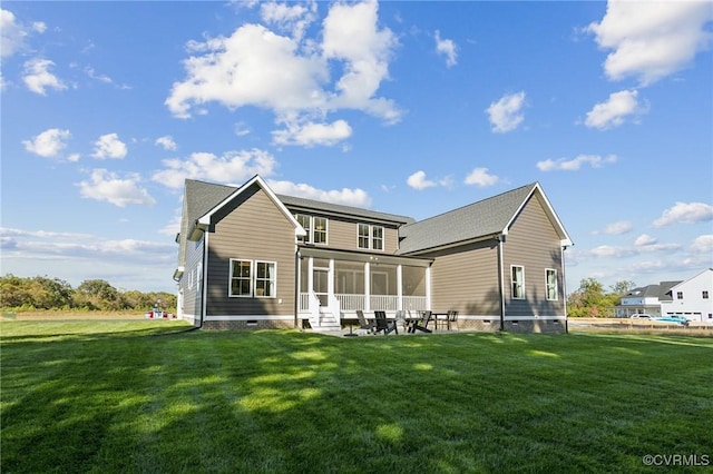 9463 Angels Share Dr, New Kent, VA 23124 - back of house with crawl space, a lawn, and a sunroom