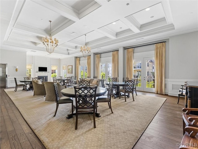 5241 Monument Ave Unit 2A, Henrico, VA 23226 - dining space featuring coffered ceiling, a chandelier, hardwood / wood-style floors, ornamental molding, and beam ceiling