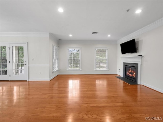 5241 Monument Ave Unit 2A, Henrico, VA 23226 - unfurnished living room with crown molding, a fireplace with flush hearth, wood finished floors, and recessed lighting