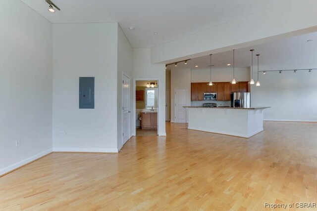 670 Town Center Dr Unit 418, Newport News, VA 23606 - unfurnished living room featuring rail lighting, electric panel, light wood-style flooring, and baseboards