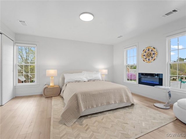 11507 Barrington Bridge Ter, Henrico, VA 23233 - bedroom with light wood-style floors and a glass covered fireplace