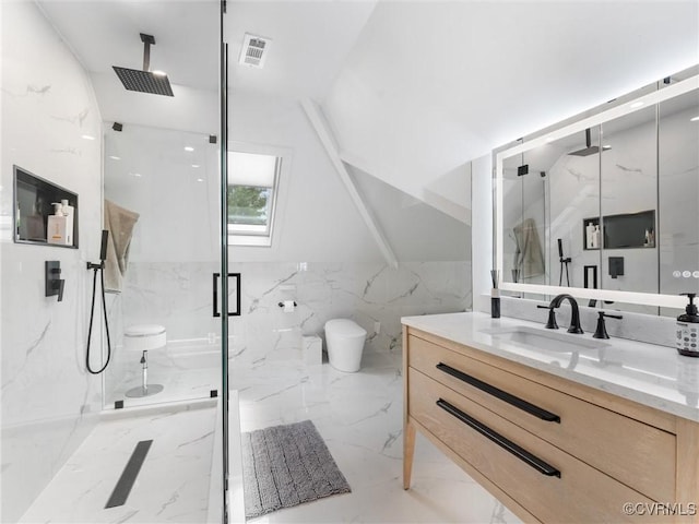 11507 Barrington Bridge Ter, Henrico, VA 23233 - bathroom featuring tile walls, a marble finish shower, marble tiled floors, and vanity