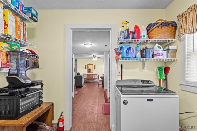 725 Transco Rd, Scottsville, VA 24590 - laundry room with washer / clothes dryer, wood finished floors, ceiling fan, and a textured ceiling