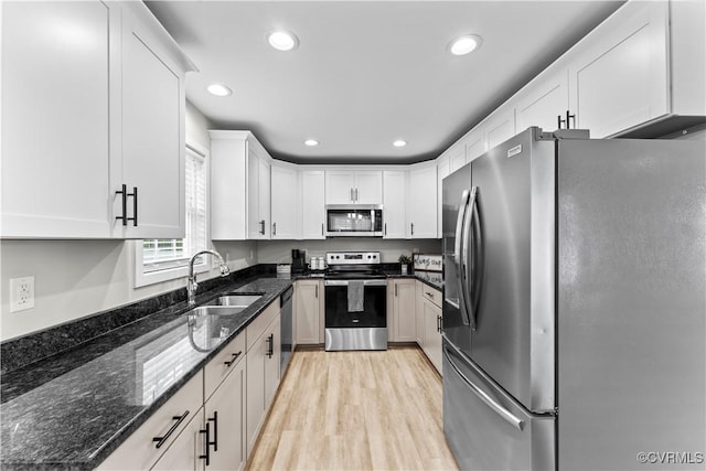 3821 Meridian Ave, Richmond, VA 23234 - kitchen featuring stainless steel appliances, a sink, light wood finished floors, white cabinets, and recessed lighting