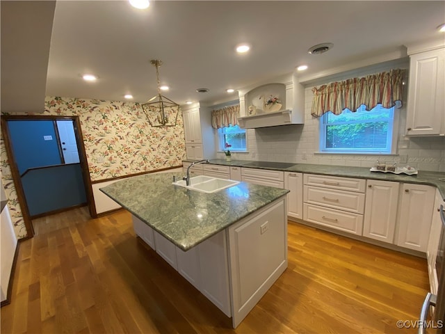 1849 Duke Of Gloucester St, Colonial Heights, VA 23834 - kitchen featuring a sink, wallpapered walls, white cabinets, black electric cooktop, and light wood-type flooring