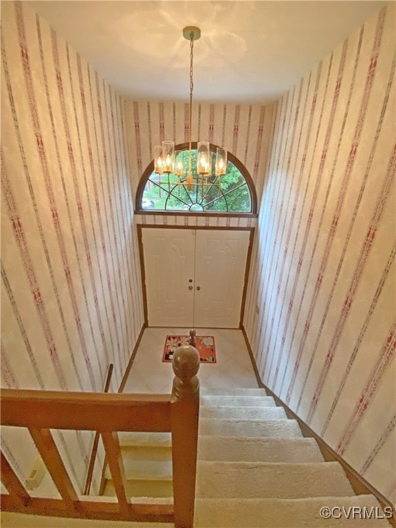 1849 Duke Of Gloucester St, Colonial Heights, VA 23834 - foyer featuring wallpapered walls, a chandelier, and stairs