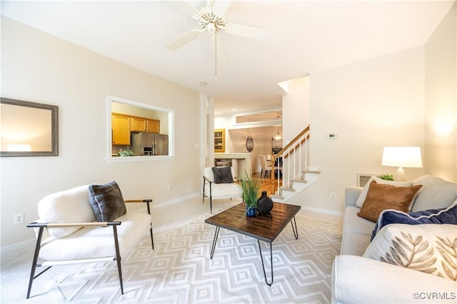 14000 Shady Pointe Ct, Midlothian, VA 23112 - living area featuring stairs, baseboards, and a ceiling fan
