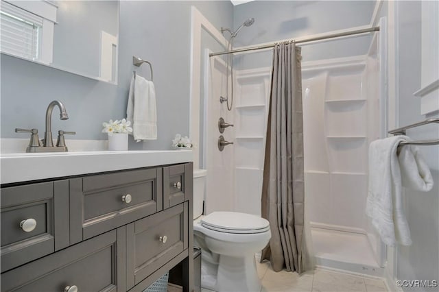 9300 Adkins Rd, Charles City, VA 23030 - bathroom with toilet, a shower with shower curtain, vanity, and marble look tiles