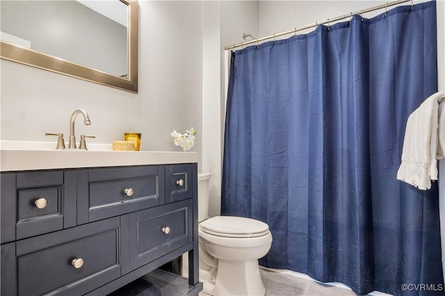 9300 Adkins Rd, Charles City, VA 23030 - bathroom featuring toilet, vanity, tile patterned floors, and a shower with shower curtain