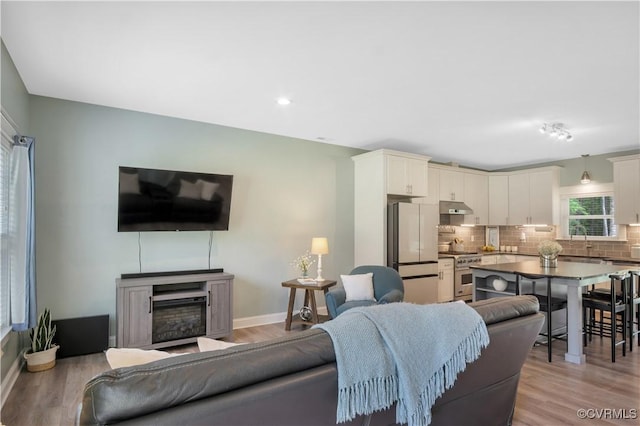 9300 Adkins Rd, Charles City, VA 23030 - living room with light wood-type flooring, baseboards, a fireplace, and recessed lighting