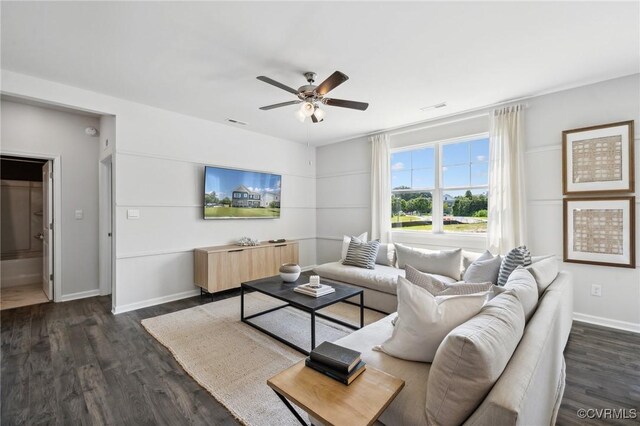7012 Greenholm Pl, Chesterfield, VA 23234 - living area featuring a ceiling fan, dark wood finished floors, and baseboards