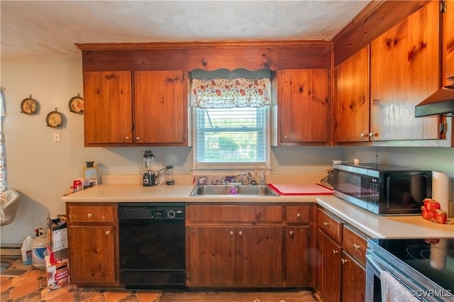 18517 Depot Rd, Mc Kenney, VA 23872 - kitchen with black dishwasher, stainless steel microwave, light countertops, brown cabinetry, and a textured ceiling