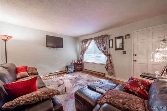 18517 Depot Rd, Mc Kenney, VA 23872 - living room with baseboard heating, a textured ceiling, wood finished floors, a baseboard heating unit, and a chandelier