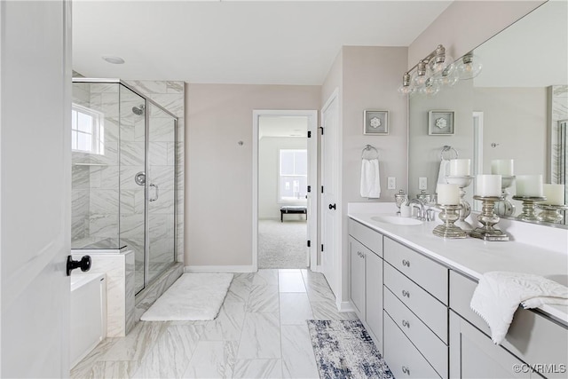 16300 Cambian Ln, Chesterfield, VA 23832 - bathroom with marble finish flooring, vanity, a stall shower, and baseboards