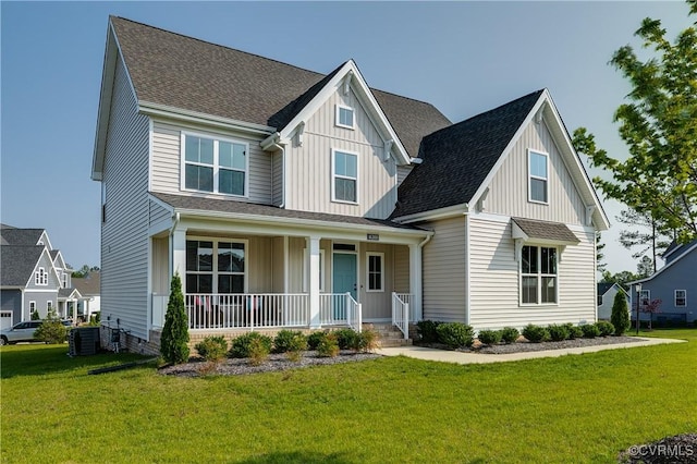 16300 Cambian Ln, Chesterfield, VA 23832 - view of front facade with board and batten siding, a porch, a front yard, and central air condition unit