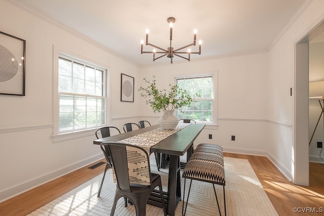 5055 Edgemere Blvd, North Chesterfield, VA 23234 - dining room featuring healthy amount of natural light, a chandelier, light wood-style floors, crown molding, and baseboards