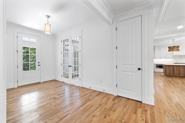 343 Petersburg Rd, Powhatan, VA 23139 - entrance foyer with french doors, light wood-style flooring, crown molding, baseboards, and beamed ceiling