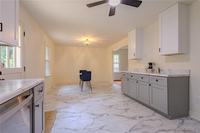 225 Philray Rd, Chesterfield, VA 23236 - kitchen featuring light marble finish floors, gray cabinets, and ceiling fan
