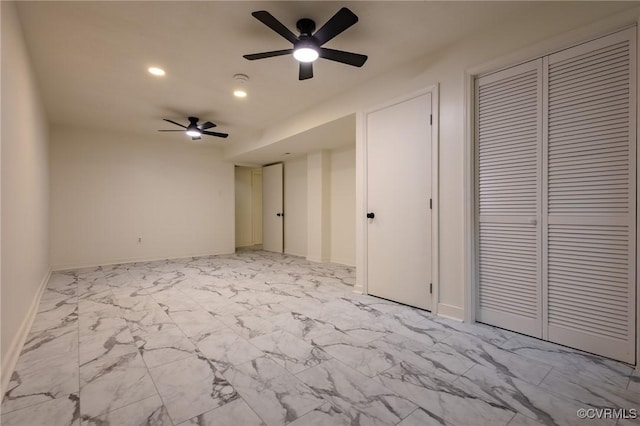 225 Philray Rd, Chesterfield, VA 23236 - unfurnished bedroom featuring light marble finish flooring, baseboards, recessed lighting, ceiling fan, and a closet