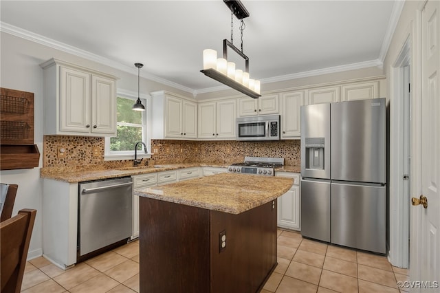 7727 Centerbrook Ct, Chesterfield, VA 23832 - kitchen featuring appliances with stainless steel finishes, a sink, light tile patterned flooring, ornamental molding, and tasteful backsplash