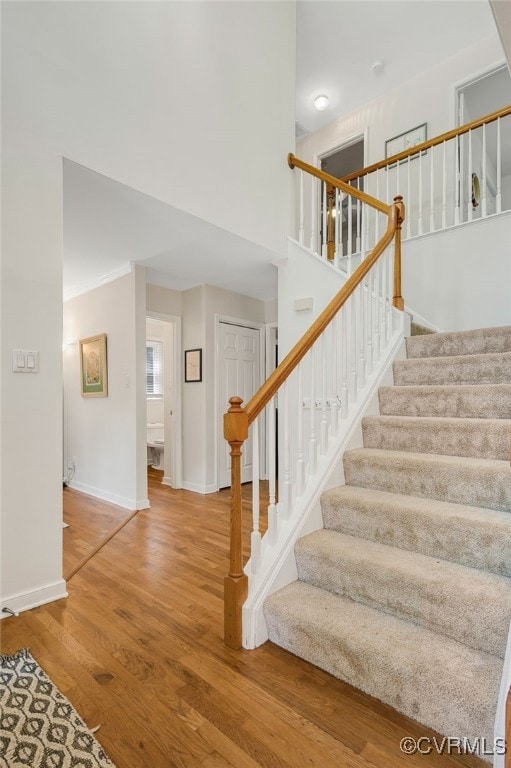 7727 Centerbrook Ct, Chesterfield, VA 23832 - staircase with wood finished floors, baseboards, and a high ceiling
