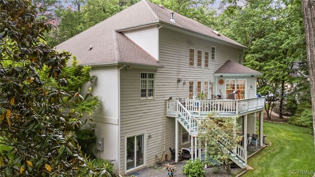 5225 Clipper Cove Rd, Chesterfield, VA 23112 - back of house with roof with shingles, stairway, a deck, stucco siding, and a yard
