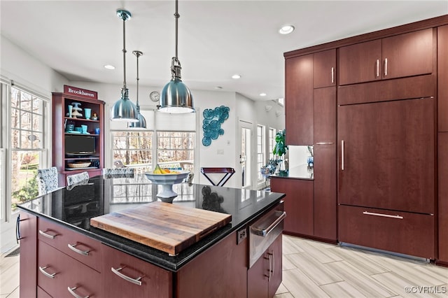 5225 Clipper Cove Rd, Chesterfield, VA 23112 - kitchen featuring a warming drawer, hanging light fixtures, recessed lighting, a center island, and dark stone counters