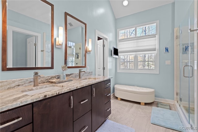 5225 Clipper Cove Rd, Chesterfield, VA 23112 - bathroom featuring double vanity, a shower stall, baseboards, and marble finish floors