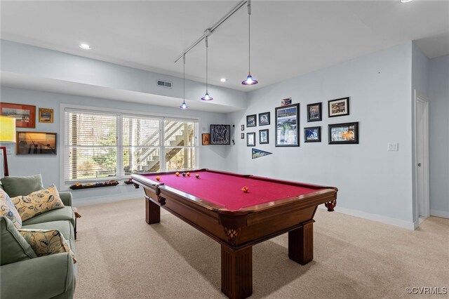 5225 Clipper Cove Rd, Chesterfield, VA 23112 - recreation room with rail lighting, carpet floors, recessed lighting, baseboards, and pool table