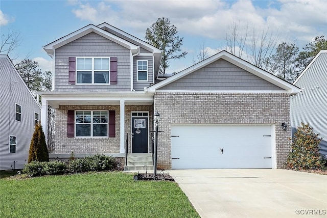 7547 Sedge Dr, New Kent, VA 23124 - view of front of property featuring brick siding, a garage, a front yard, concrete driveway, and a porch