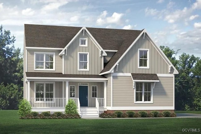 3805 Eastlook Ct, Powhatan, VA 23139 - view of front of home with covered porch, board and batten siding, a front lawn, and roof with shingles