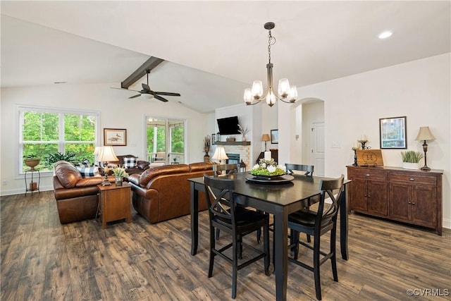 15719 Henningford Rd, Chesterfield, VA 23832 - dining area featuring arched walkways, dark wood-style floors, ceiling fan, a chandelier, and baseboards