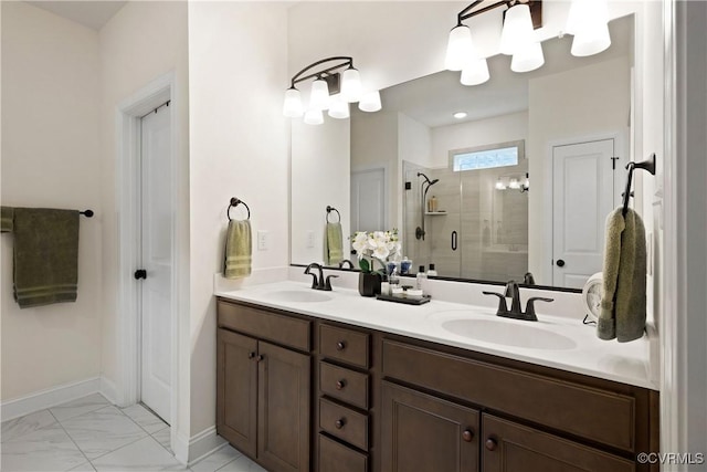 15719 Henningford Rd, Chesterfield, VA 23832 - bathroom featuring a stall shower, double vanity, marble finish floors, and baseboards