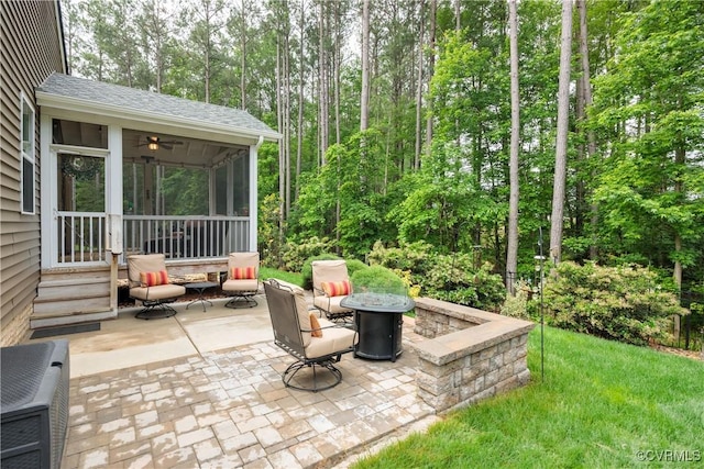 15719 Henningford Rd, Chesterfield, VA 23832 - view of patio featuring a sunroom, an outdoor fire pit, and entry steps