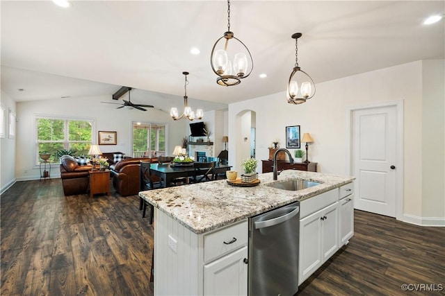 15719 Henningford Rd, Chesterfield, VA 23832 - kitchen featuring stainless steel dishwasher, a sink, arched walkways, a chandelier, and dark wood-type flooring