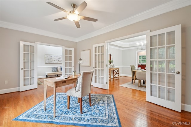5308 Hillshire Way, Glen Allen, VA 23059 - office featuring french doors, crown molding, wood finished floors, a chandelier, and a ceiling fan
