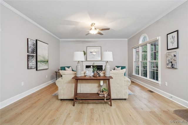 5308 Hillshire Way, Glen Allen, VA 23059 - living area featuring wood finished floors, a ceiling fan, ornamental molding, and a fireplace