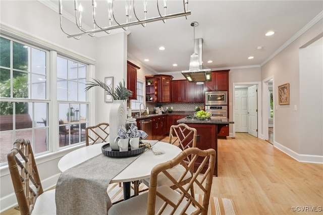 5308 Hillshire Way, Glen Allen, VA 23059 - dining space featuring crown molding, light wood-style floors, recessed lighting, healthy amount of natural light, and a chandelier
