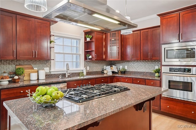 5308 Hillshire Way, Glen Allen, VA 23059 - kitchen with appliances with stainless steel finishes, island range hood, a kitchen island, dark stone countertops, and open shelves