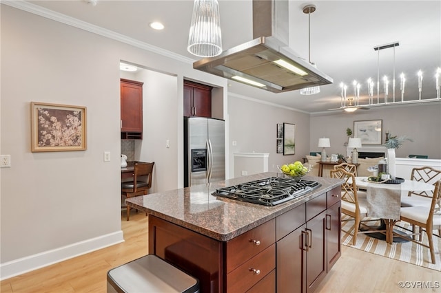 5308 Hillshire Way, Glen Allen, VA 23059 - kitchen with stainless steel fridge with ice dispenser, gas cooktop, wall chimney exhaust hood, crown molding, and light wood finished floors