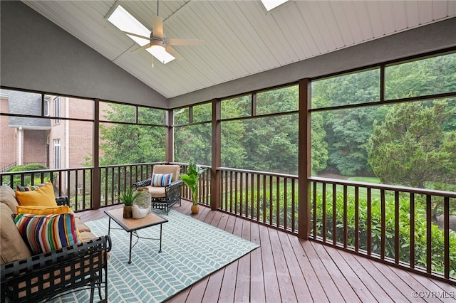 5308 Hillshire Way, Glen Allen, VA 23059 - sunroom featuring an outdoor hangout area, vaulted ceiling, ceiling fan, and a skylight