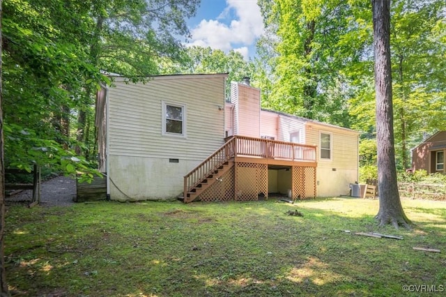 3201 Barnes Spring Ct, Chesterfield, VA 23112 - back of property featuring crawl space, stairway, a wooden deck, a yard, and a chimney