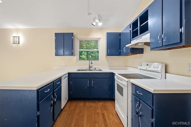 3201 Barnes Spring Ct, Chesterfield, VA 23112 - kitchen with white electric range oven, a sink, under cabinet range hood, and blue cabinets