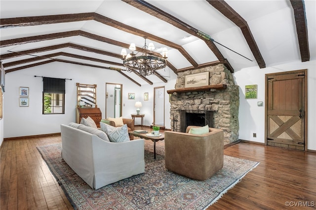 4103 Beechmont Rd, Richmond, VA 23235 - living area featuring a chandelier, wood-type flooring, a stone fireplace, and baseboards