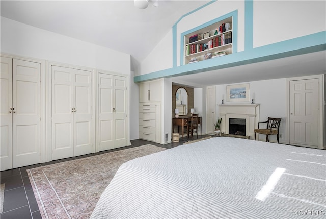 4103 Beechmont Rd, Richmond, VA 23235 - bedroom with high vaulted ceiling, multiple closets, a fireplace, and dark tile patterned flooring